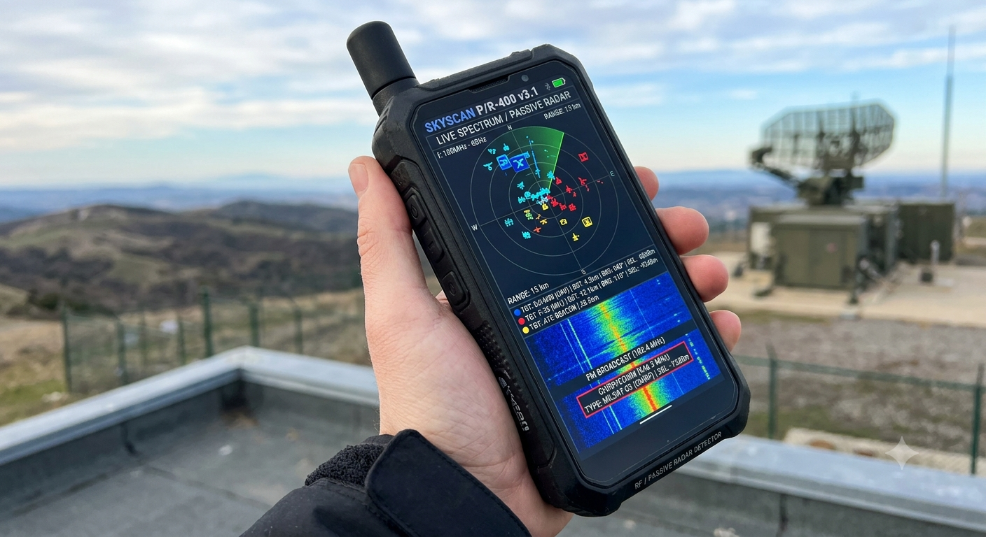 A hand holding a cellphone-sized device showing a radar scan and rf waterfall scan outputs.